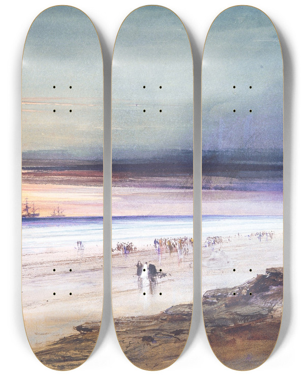 Triptych art skateboard deck of James Hamilton Beach Scene by James Hamilton (1819-1878)