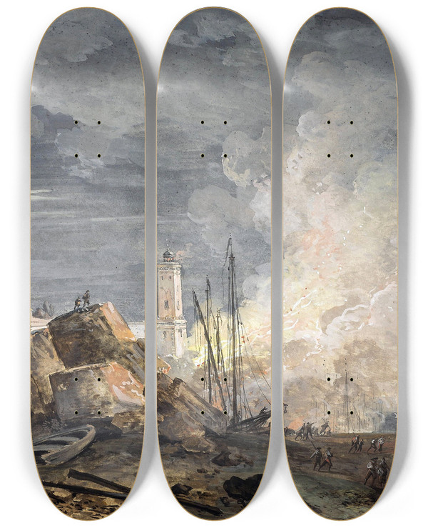 Triptych art skateboard deck of Louis Gabriel Moreau Fire In The Port by Louis Gabriel Moreau (1740-1806)