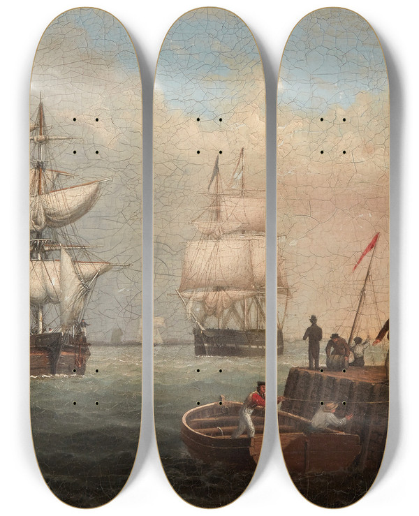 Triptych art skateboard deck of Fitz Henry Lane Boston Harbor_2 by Fitz Henry Lane (1804-1865)