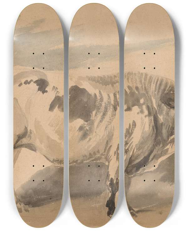 Triptych art skateboard deck of Piotr Michaowski Study Of Simentaler Breed Bull by Piotr Michalowski (1800-1855)
