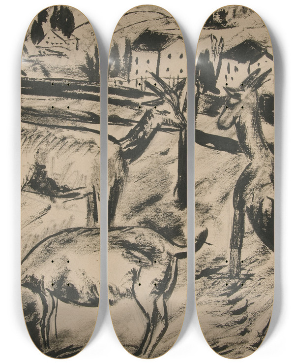 Triptych art skateboard deck of Dora Bromberger Goats Andlandscape by Dora Bromberger (1881-1942)