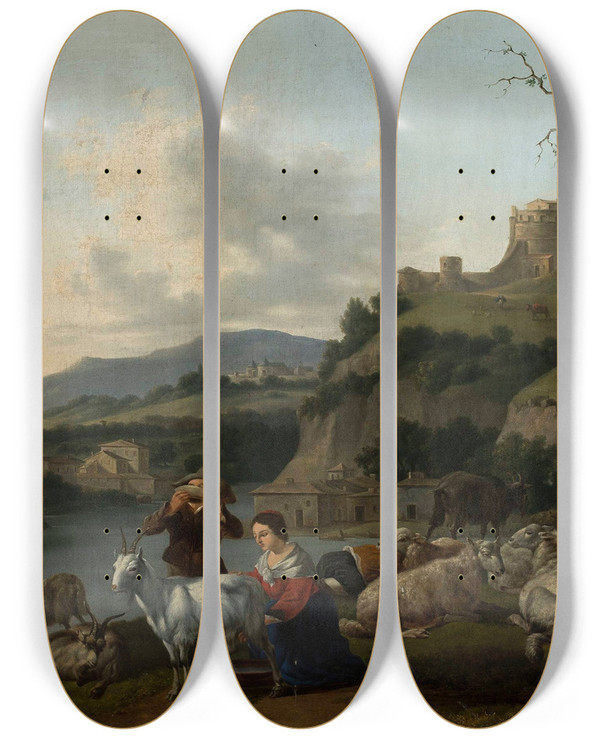 Triptych art skateboard deck of Kazimierz Wan Pastoral Scene by Kazimierz Zwan (1792-1858)