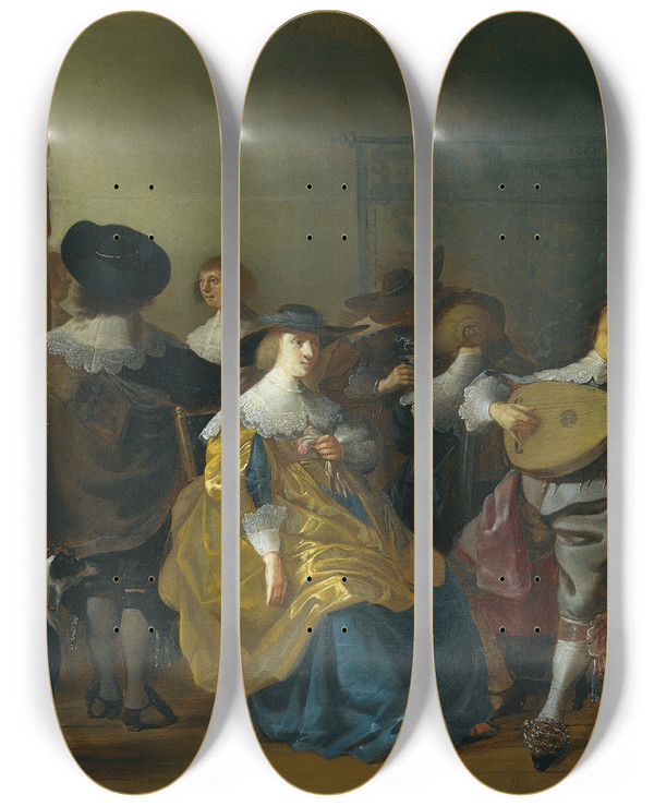Triptych art skateboard deck of Anthonie Palamedesz An Interior Scene With An Elegant Company Making Merry by Anthonie Palamedesz (1601-1673)