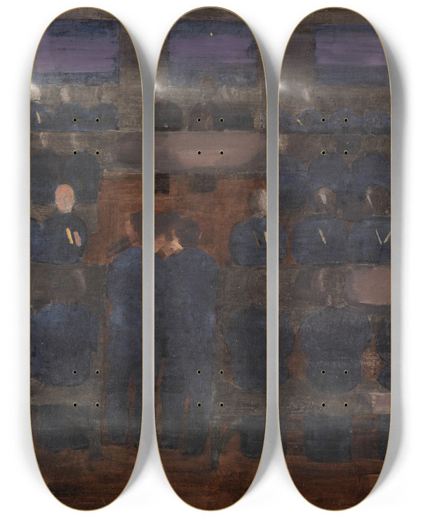 Triptych art skateboard deck of Otto Meyeramden Vorbereitung Morgenandacht Im Waisenhaus by Otto Meyer-Amden (1885-1933)
