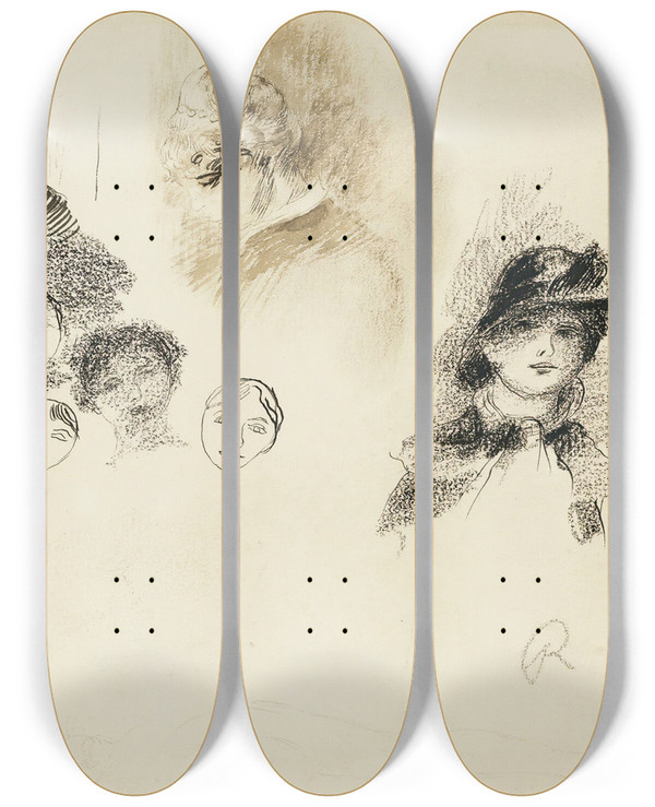 Triptych art skateboard deck of Pierreauguste Renoir Tudes Ttes De Femmes by Pierre-Auguste Renoir (1841-1919)