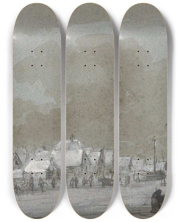 Triptych art skateboard deck of Hendrik Spilman Winterlandschaft Links Ein Dorf Eingefrorene Schiffe Rechts Auf Dem Eis Zieht Ein Mann Ein Schlitten by Hendrik Spilman (1721-1784)