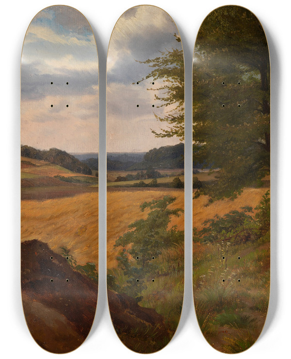 Triptych art skateboard deck of Werner Holmberg Tree In Field Landscape Study by Werner Holmberg (1830-1860)