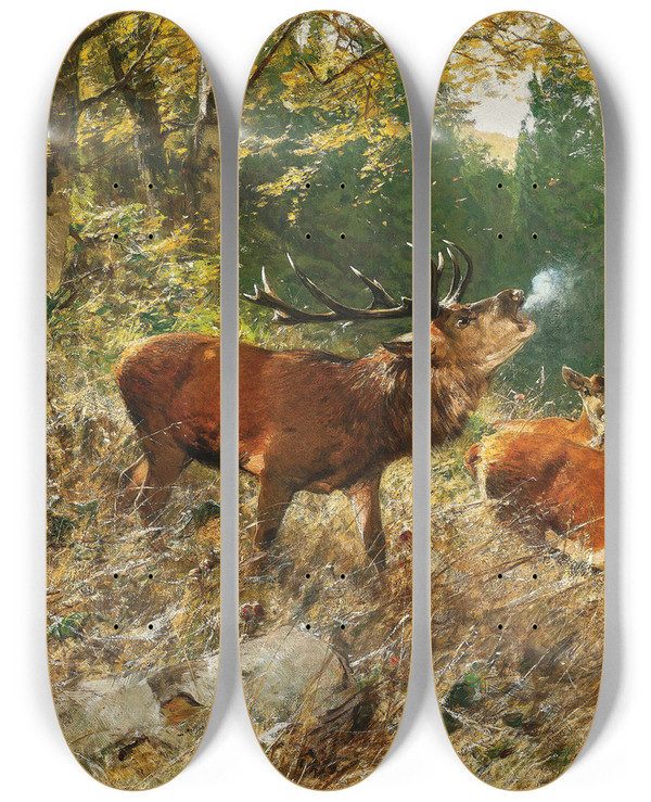 Triptych art skateboard deck of Christian Krner Red Deer In A Forest Glade by Christian Kroner (1838-1911)