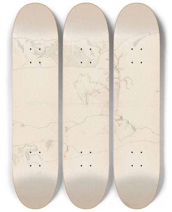 Triptych art skateboard deck of Hans Gude Landskap Mellom Vinje Og Totak by Hans Gude (1825-1903)