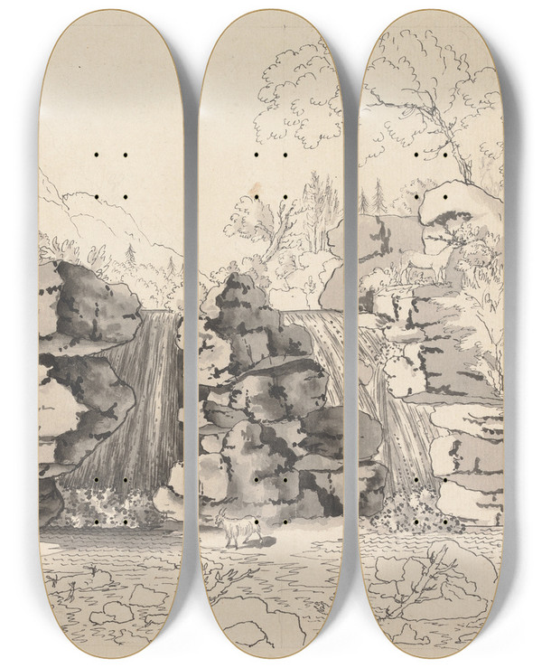 Triptych art skateboard deck of Henry Swinburne Rocky Landscape With Waterfalls And Goats by Henry Swinburne (1743-1803)