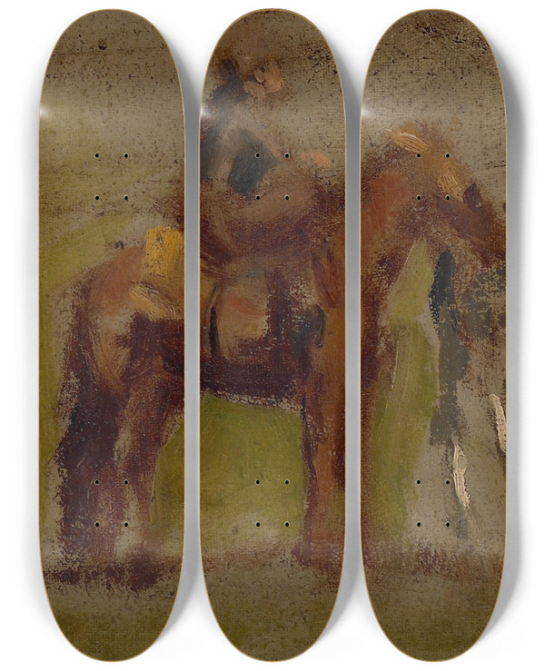 Triptych art skateboard deck of Thomas Eakins Study For Cowboys In The Badlands_1 by Thomas Eakins (1844-1916)