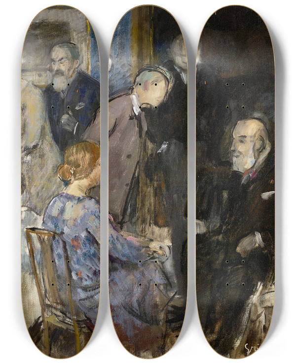 Triptych art skateboard deck of Julesalexandre Grn Tude Pour Un Groupe Dartistes by Jules-Alexandre Grn (1868-1934)