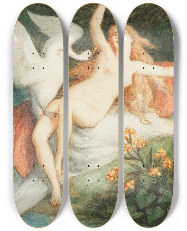 Triptych art skateboard deck of Christian Griepenkerl Leda With The Swan by Christian Griepenkerl (1839-1916)