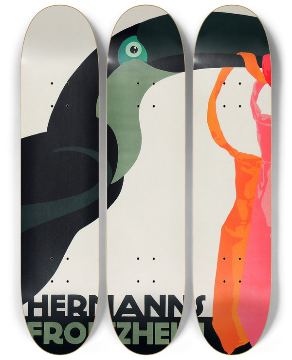 Triptych art skateboard deck of Julius Klinger Hermanns And Froitzheim by Julius Klinger (1876-1942)