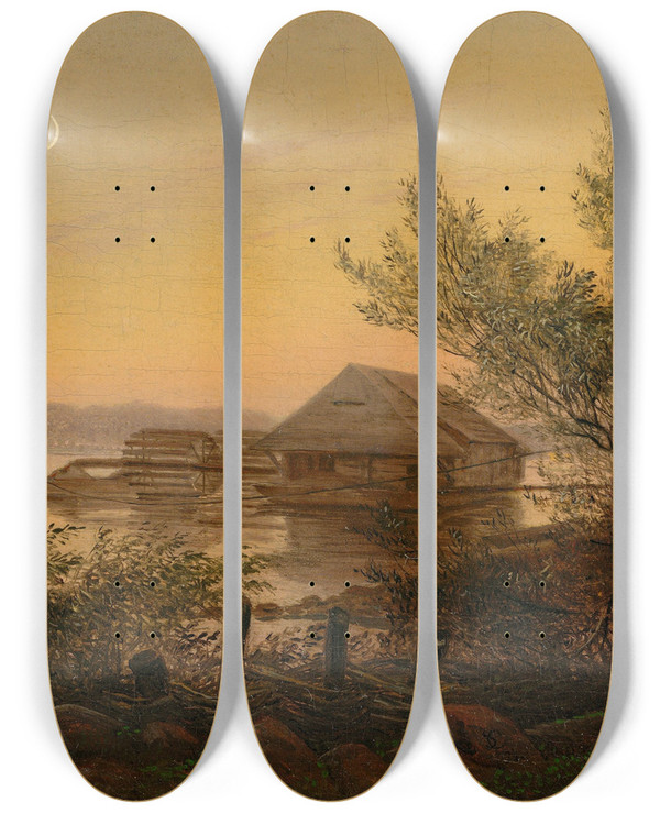 Triptych art skateboard deck of Carl Gustav Carus Ship Mill On The Elbe Near Dresden_2 by Carl Gustav Carus (1789-1869)