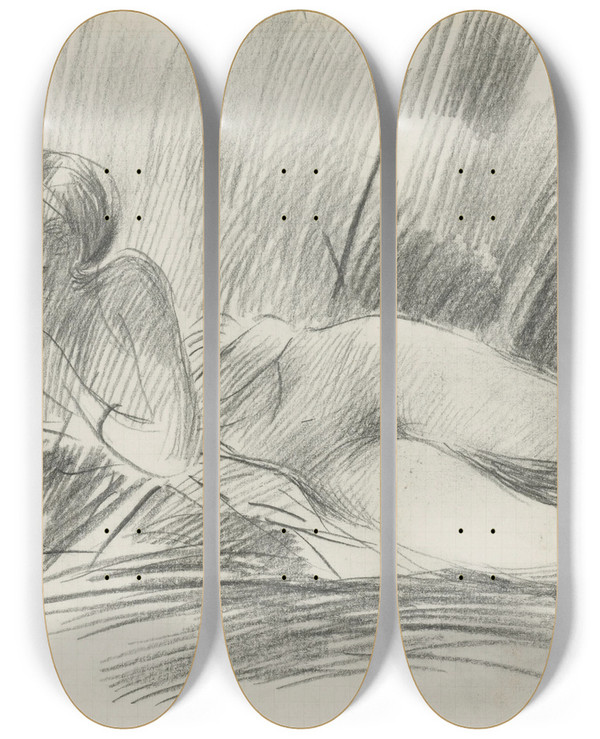 Triptych art skateboard deck of Giovanni Boldini Reclining Female Nude_2 by Giovanni Boldini (1842-1931)