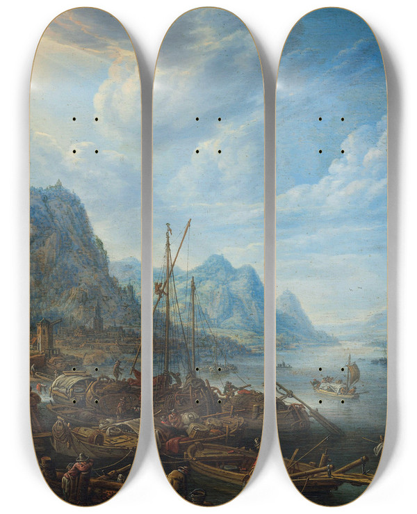 Triptych art skateboard deck of Herman Saftleven View Of A River With Boat Moorings by Herman Saftleven (1609-1685)