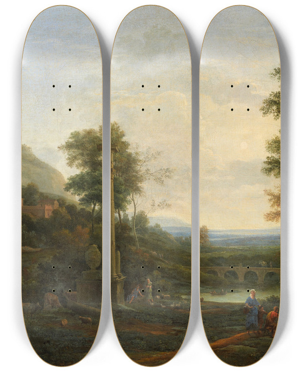 Triptych art skateboard deck of Claude Lorrain Landscape With A Column And Figures by Claude Lorrain (1604-1682)