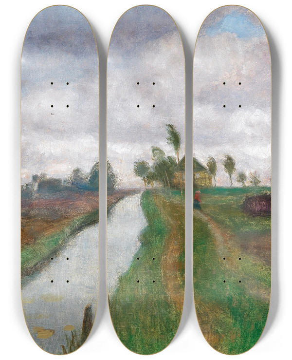 Triptych art skateboard deck of Otto Modersohn By The Moor Canal by Otto Modersohn (1865-1943)
