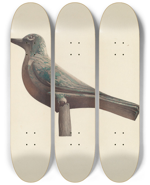Triptych art skateboard deck of Robert Pohle Carved Bird Garden Decoration by Robert Pohle