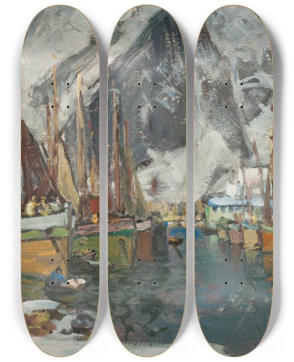 Triptych art skateboard deck of Anna Boberg Among The Fishing Boats In Svolvaer Study From Lofoten by Anna Boberg (1864-1935)