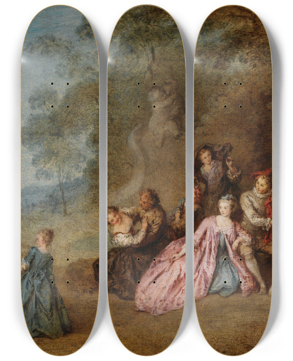 Triptych art skateboard deck of Jeanbaptiste Pater Lamour Et Le Badinage by Jean-Baptiste Pater (1695-1736)