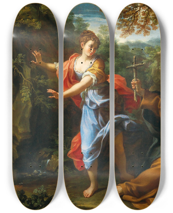Triptych art skateboard deck of Giovanni Odazzi The Temptation Of Saint Anthony by Giovanni Odazzi (1663-1731)