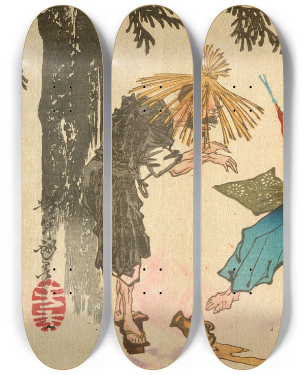 Triptych art skateboard deck of Tsukioka Yoshitoshi Tadamori And The Oil Thief by Tsukioka Yoshitoshi (1839-1892)