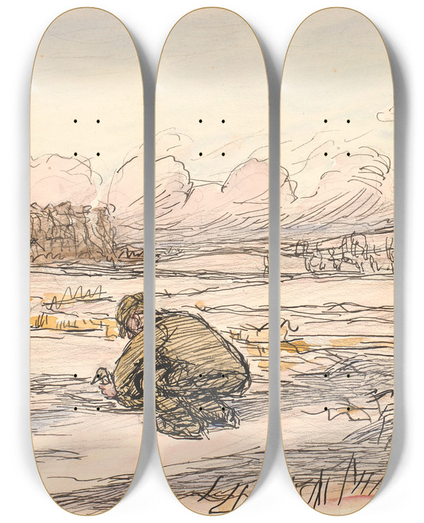 Triptych art skateboard deck of Fritz Syberg Bonden P Isen by Fritz Syberg (1862-1939)
