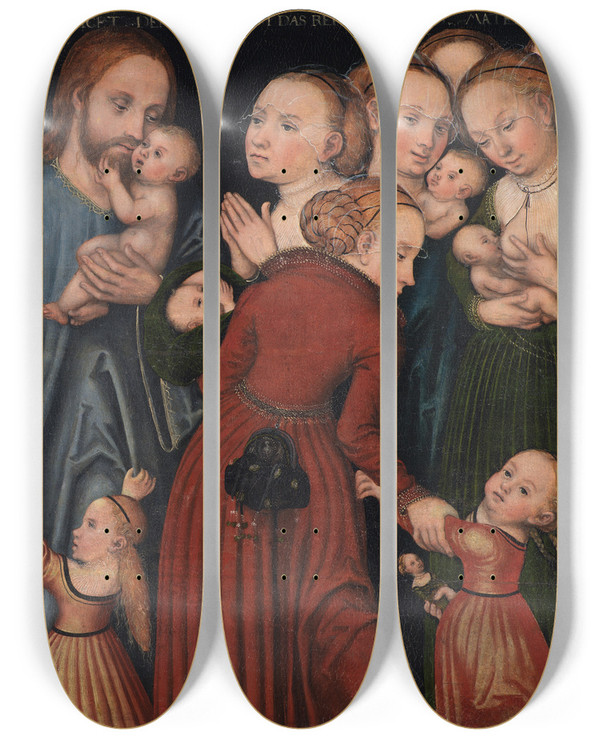 Triptych art skateboard deck of Lucas Cranach The Elder Christ Blessing The Children_1 by Lucas Cranach The Elder (1472-1553)