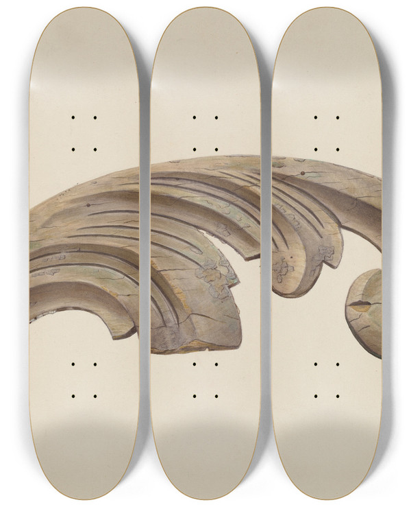 Triptych art skateboard deck of Clayton Clements Wood Carving Scroll_1 by Clayton Clements