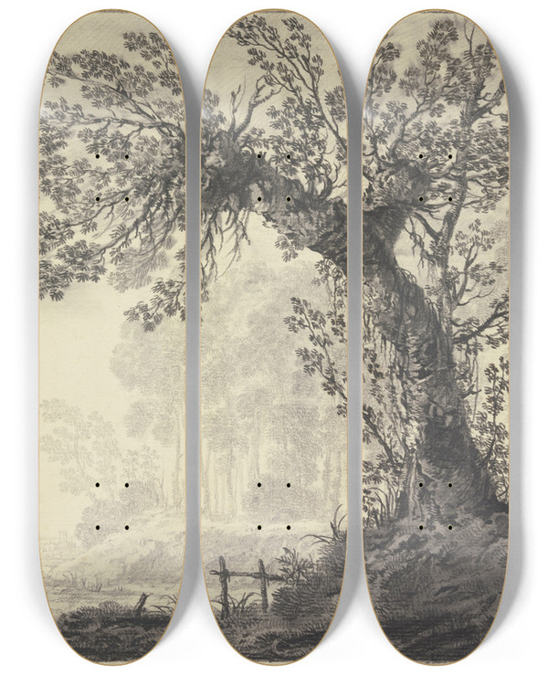 Triptych art skateboard deck of Jeanbaptiste Pillement Waldausgang Auf Einem Weg Eine Frau Mit Einem Knaben by Jean-Baptiste Pillement (1728-1808)