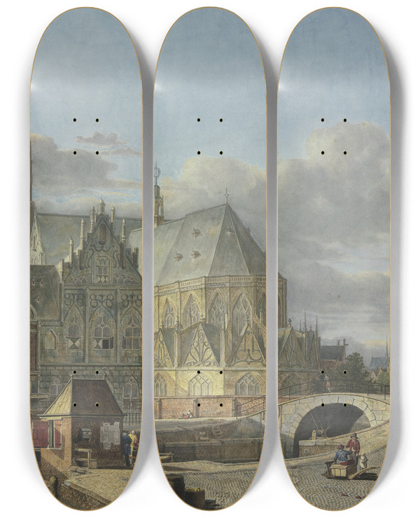 Triptych art skateboard deck of Johannes Huibert Prins View Of A Netherlandish City by Johannes Huibert Prins (1757-1806)