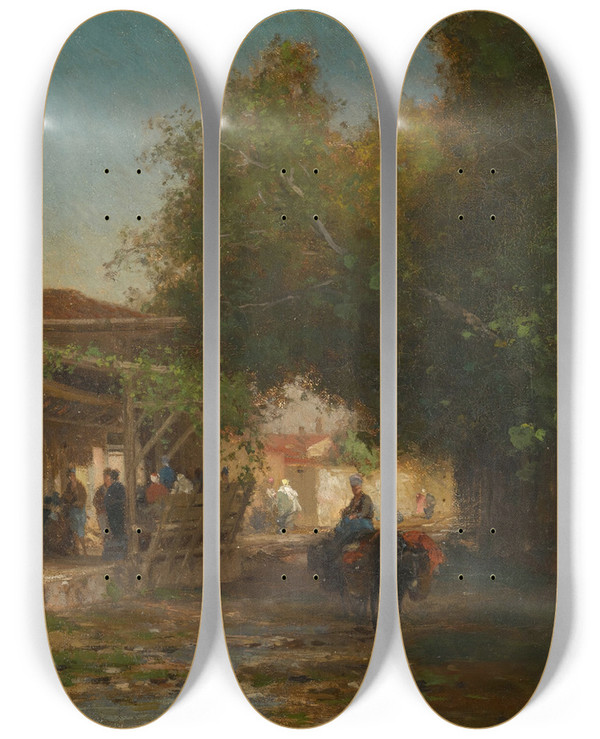 Triptych art skateboard deck of Germain Fabius Brest A Turkish Street by Germain Fabius Brest (1823-1900)