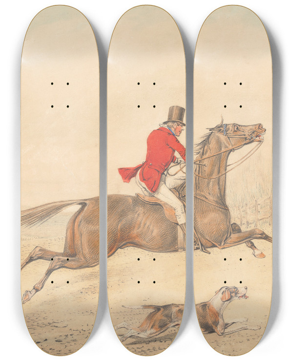 Triptych art skateboard deck of Henry Thomas Alken Rider On A Brown Horse About To Jump A Rail Fence To The Right by Henry Thomas Alken (1785-1851)