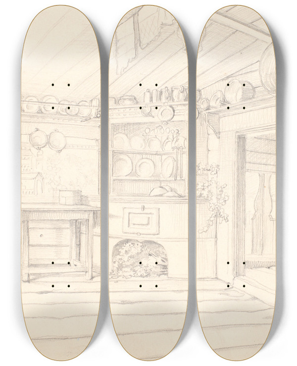 Triptych art skateboard deck of Wilhelm Marstrand Svensk Bondestue by Wilhelm Marstrand (1810-1873)