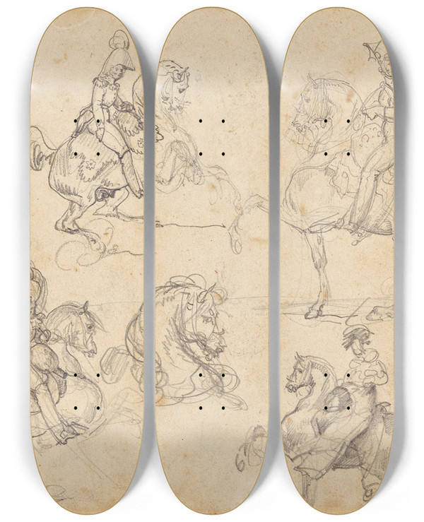 Triptych art skateboard deck of Thodore Gricault Horses And Riders by Theodore Gericault (1791-1824)