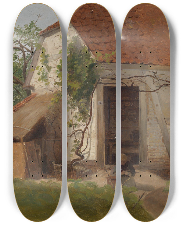 Triptych art skateboard deck of Adolph Tidemand Farm At Goldsheim by Adolph Tidemand (1814-1876)