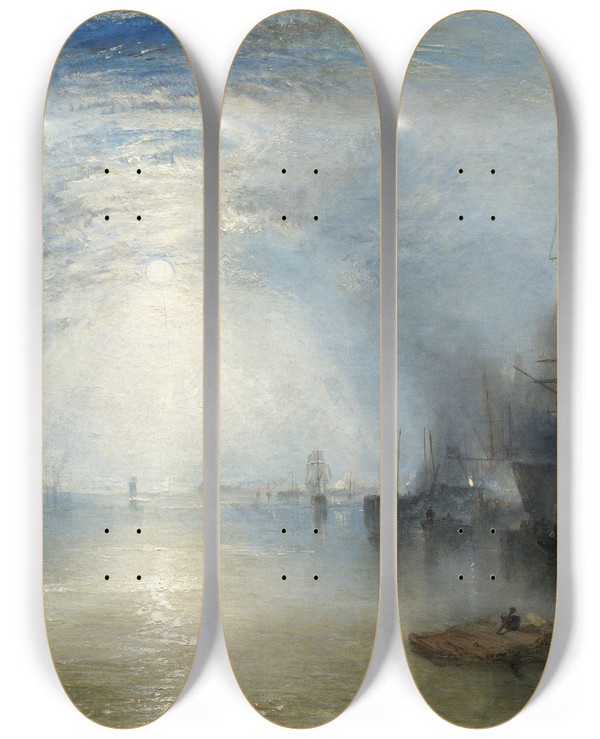 Triptych art skateboard deck of Joseph Mallord William Turner Keelmen Heaving In Coals By Moonlight by Joseph Mallord William Turner (1775-1851)