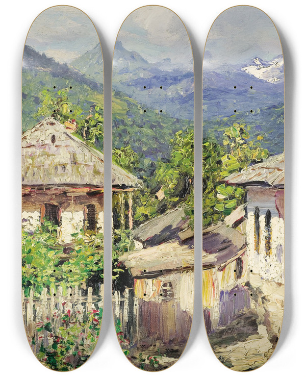 Triptych art skateboard deck of Nikolay Nikanorovich Dubovskoy Village Scene by Nikolay Nikanorovich Dubovskoy (1859-1918)