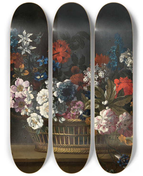 Triptych art skateboard deck of Pieter Casteels Iii Mixed Flowers In A Basket Beside Peaches On A Table A Landscape Beyond by Pieter Casteels Ii (1684-1749)