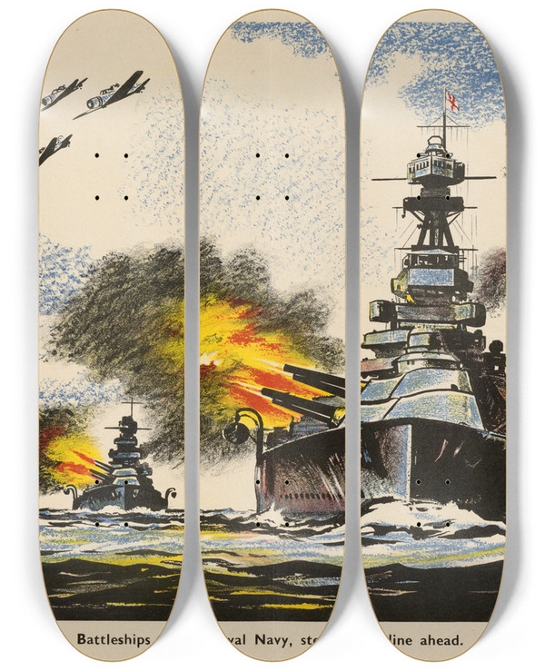 Triptych art skateboard deck of Roland Davies Battleships Of The Royal Navy by Roland Davies (1904-1993)