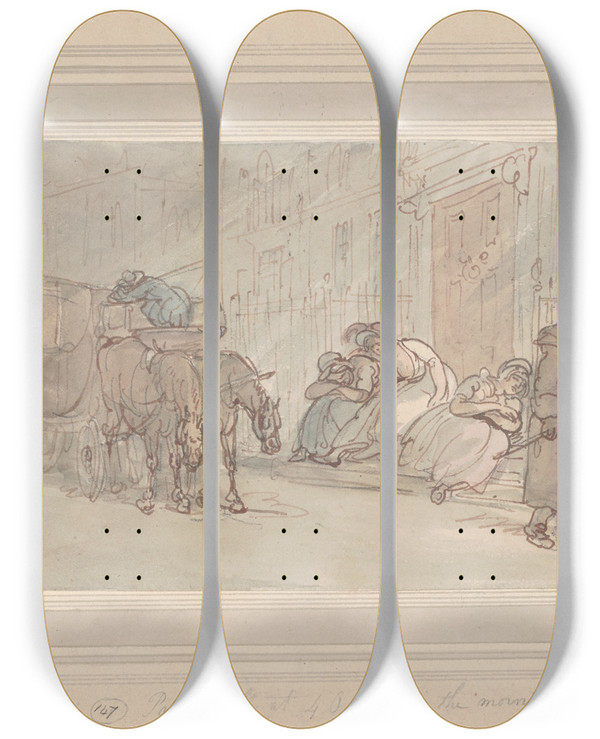 Triptych art skateboard deck of Thomas Rowlandson Pall Mall At 4 Oclock In The Morning by Thomas Rowlandson (1756-1827)