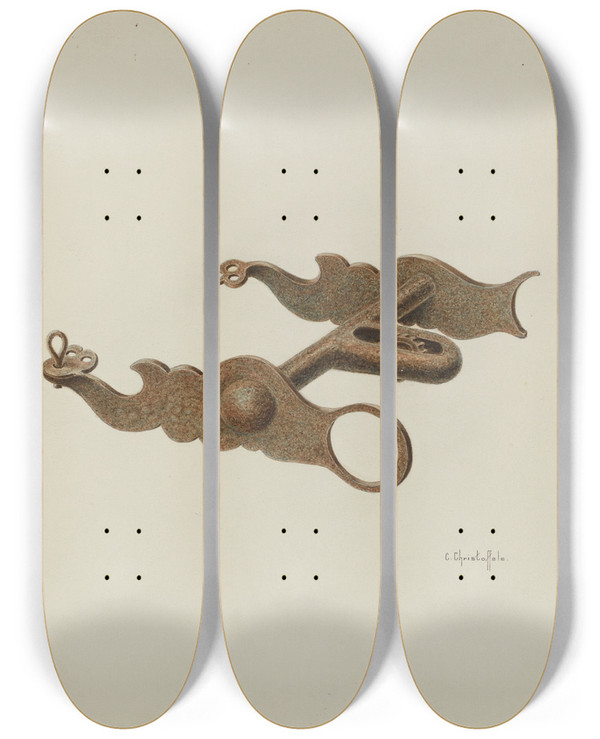 Triptych art skateboard deck of Cornelius Christoffels Wrought Iron Bit by Cornelius Christoffels (1879-1960)