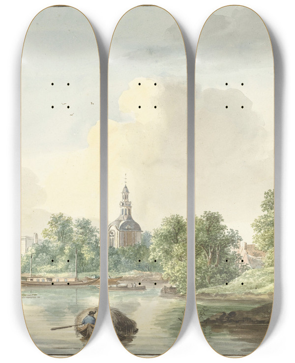 Triptych art skateboard deck of Pieter Gerardus Van Os De Hogerwoerdse Poort Te Leiden Vanaf De Singel Gezien by Pieter Gerardus Van Os (1776-1836)