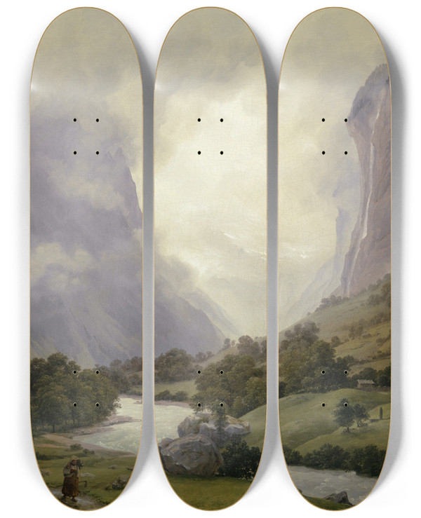 Triptych art skateboard deck of Johann Heinrich Schilbach The Lauterbrunnen by Johann Heinrich Schilbach (1798-1851)