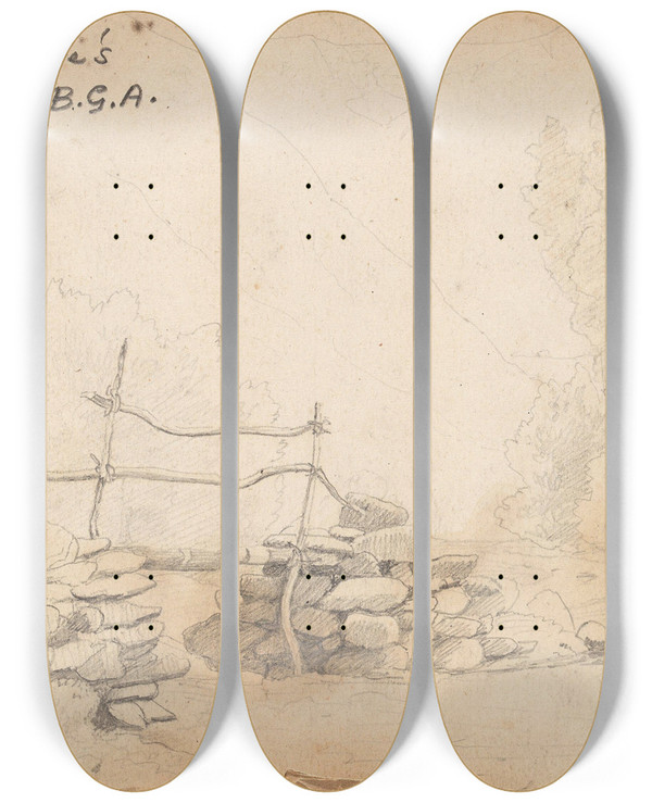 Triptych art skateboard deck of Hans Gude Hurrungene Detalj Fra Fortunsdalen by Hans Gude (1825-1903)