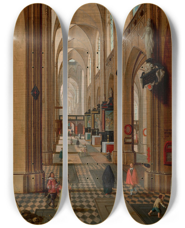 Triptych art skateboard deck of Pieter Neeffs The Younger Interior Of Antwerp Cathedral by Pieter Neeffs The Younger (1620-1675)