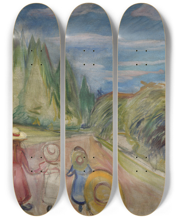 Triptych art skateboard deck of Edvard Munch The Fairytale Forest by Edvard Munch (1863-1944)