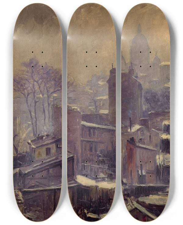 Triptych art skateboard deck of Georges Chenardhuch La Neige Sur Le Maquis De Montmartre by Georges Chenard-Huch (1864-1937)